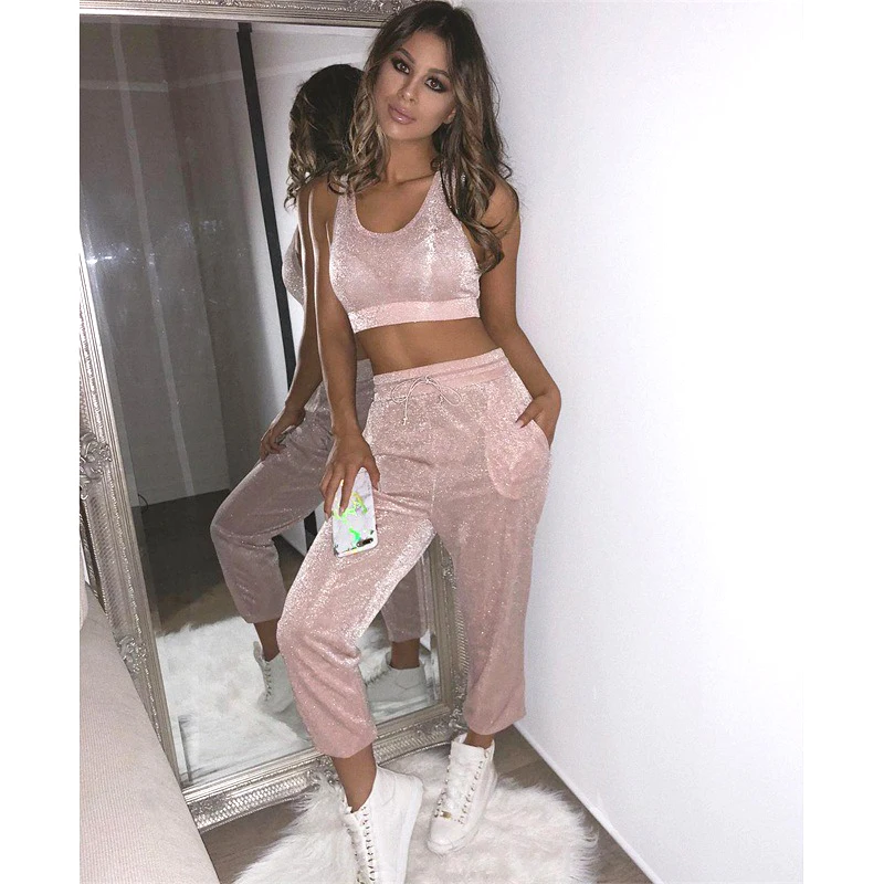 Летние женские спортивные костюмы розовый топ на бретелях и длинные штаны