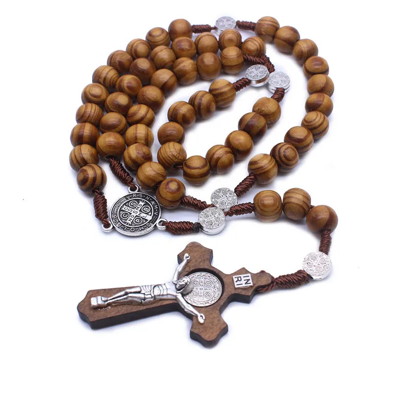 

2021 New Hot Religious Wooden Antique Cross Rosary Pendant Necklaces Jesus Saint Benedict Beaded Necklace for Men Women Jewelry