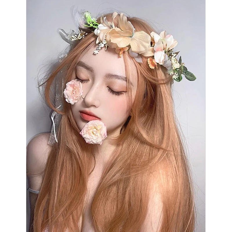 

Idol Rose головной убор Lolita Harajuku Сказочный Косплей миндальный цвет длинный сладкий средней части Взрослые Девушки Повседневная одежда