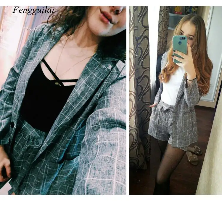 

Spring Summer Women Two Piece Set Office Tops + Shorts Plaid Top Female Suit Set Casual Women's 2 Piece Plus Size Set