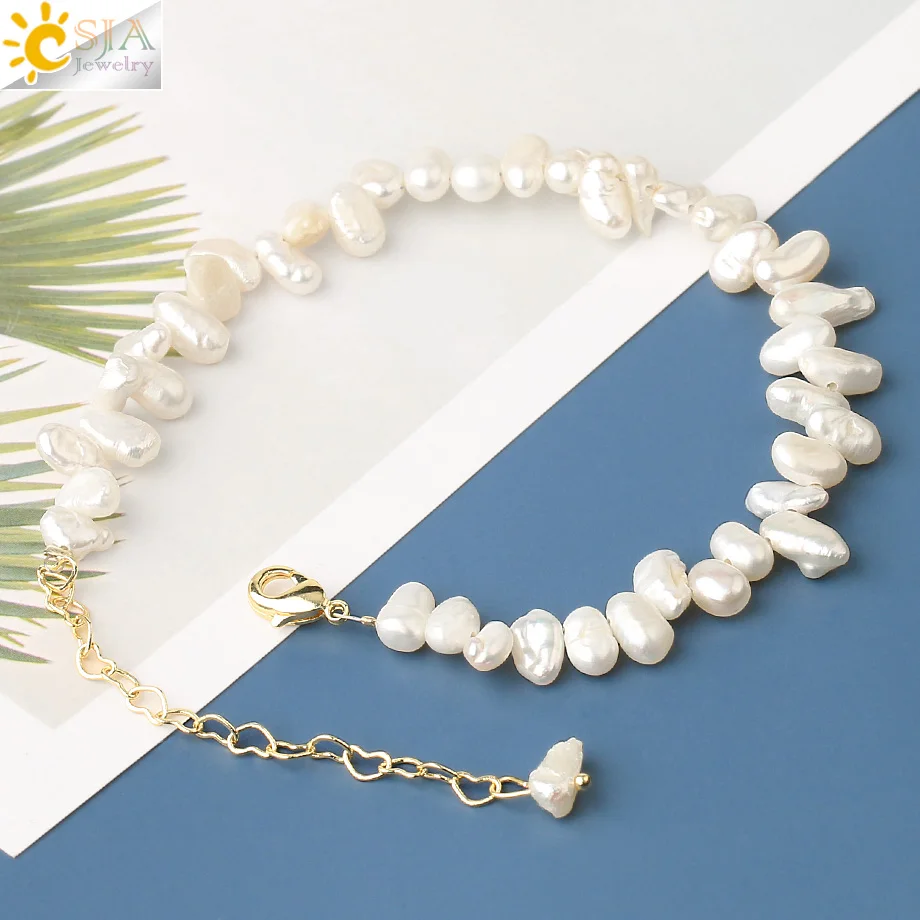 CSJA Irregular Natural Pearl Strand Bracelets Baroque White Bead Gold Color Adjustable Bracelet for Women Girl Jewelry Gift G569 | Украшения