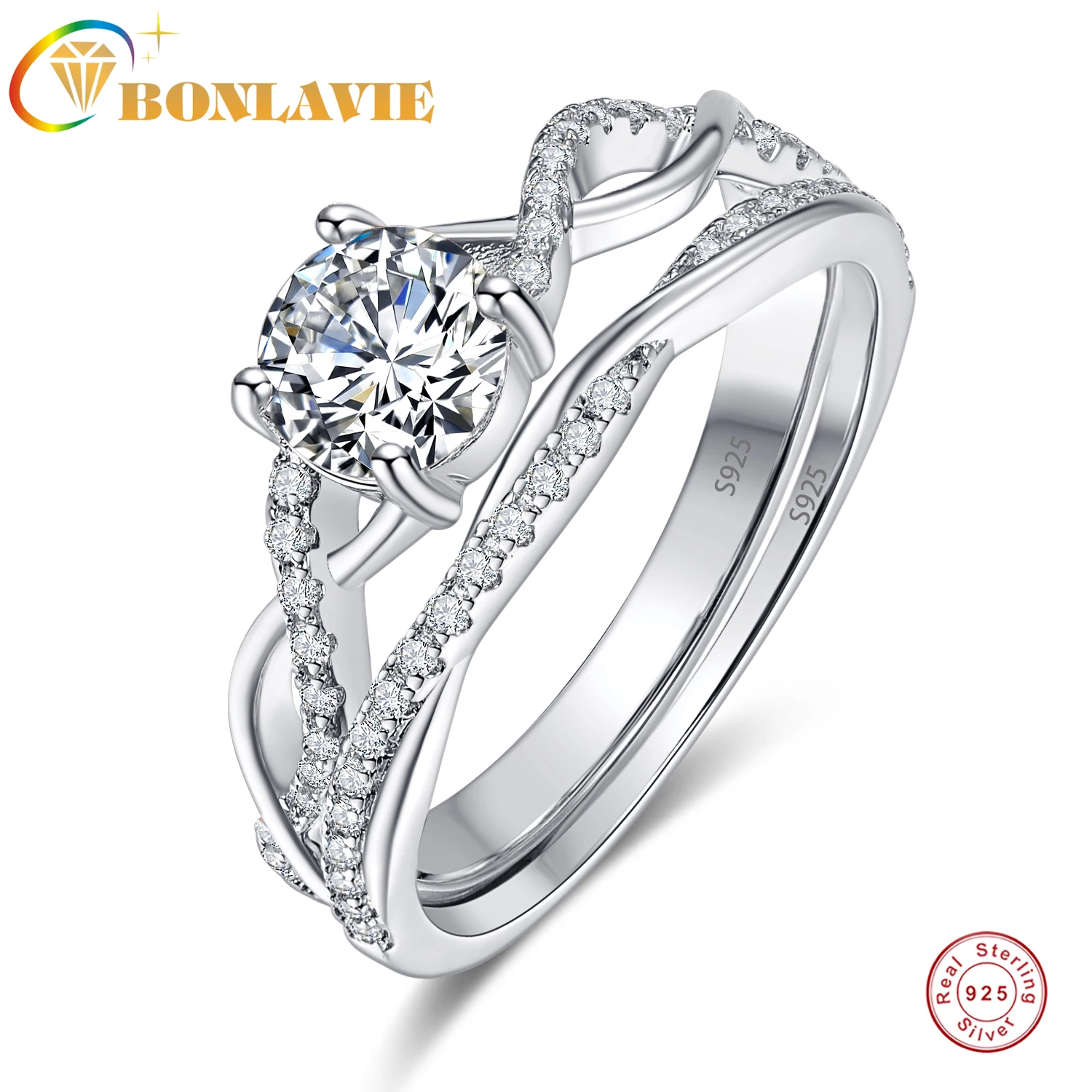 

BONLAVIE Women's 6.5mm Round Zircon 8-Shaped Twisted Ring Silver Couple Ring 925 Jewelry CZ Zircon Crystal Jewelry AAA Quality