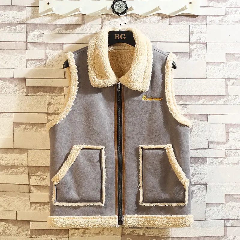 Жилет мужской из плотного меха ягненка осенне-зимний в японском стиле Харадзюку