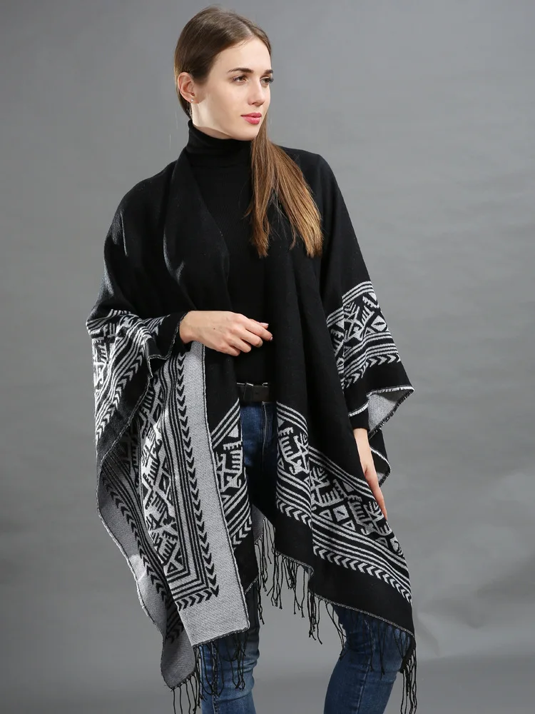 Зимнее модное женское Вязаное пончо оверсайз толстые свитера с бахромой