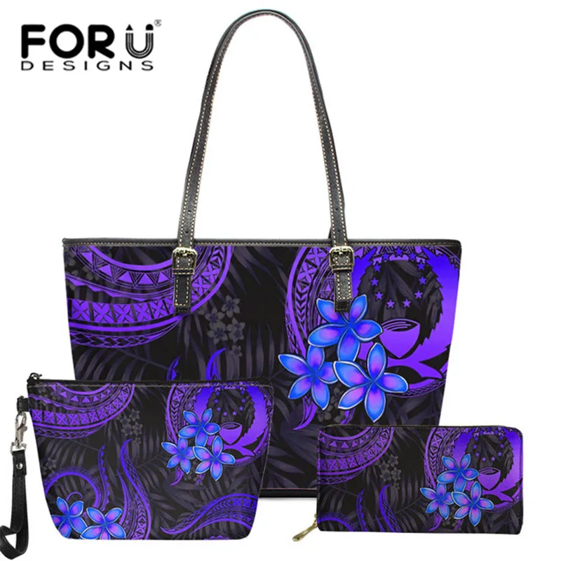 Goedkoop Paars Pohnpei Tribal Print Handtas Portemonnee Set Voor Vrouwen Nieuwste Schoudertas Custom Vrouwelijke Dames Lederen Travel Organizer Pouch