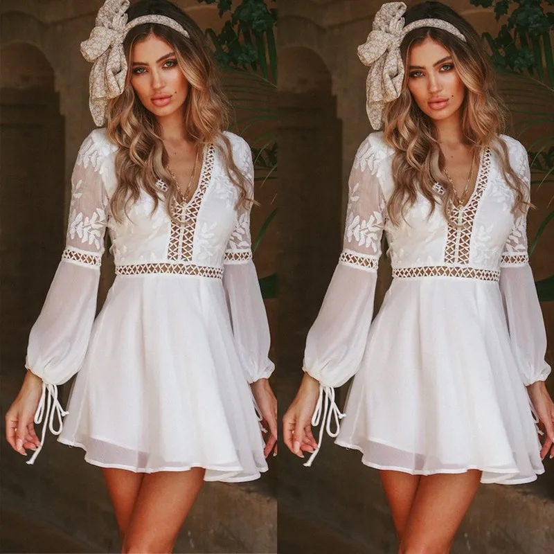 Осеннее женское платье с длинным рукавом и v образным вырезом на шнуровке