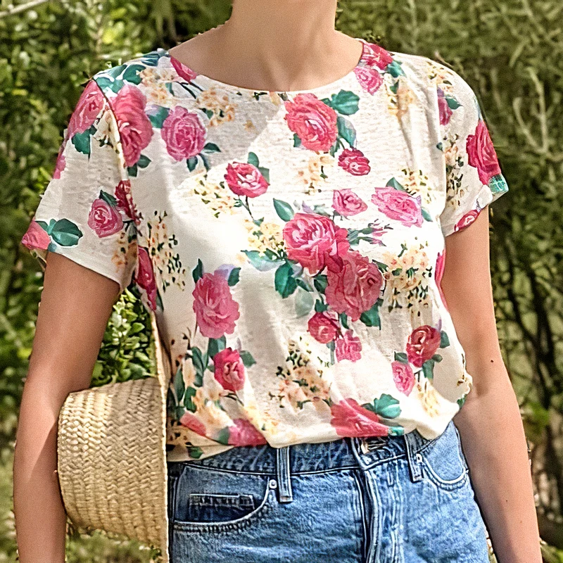 

Imprimé Floral Print T-shirt Summer Short Sleeves Encolure ronde Women Tee Tshirts Female Elegant Casual Chic Tshirts Tops