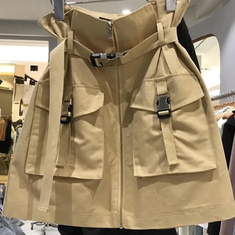 

2021 Safari Style Double Pocket Woman Skirts Zipper Belt High Waist Mini A-line Skirt Spring Summer Mujer Faldas