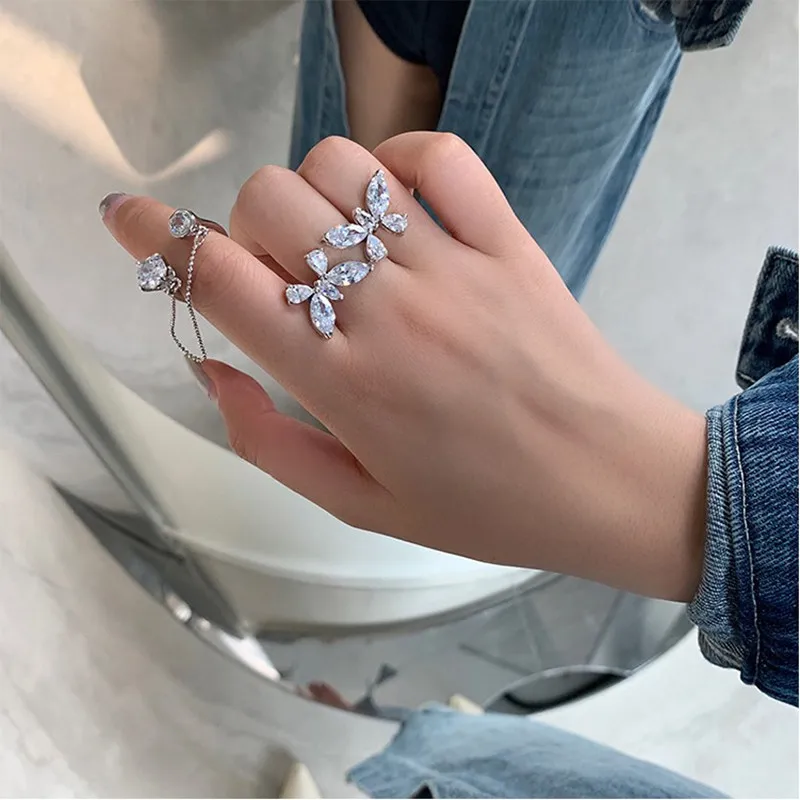 

New Luxury Big Butterfly Rings For Women Fashion Rhinestone Open Adjustable Ring Bijoux