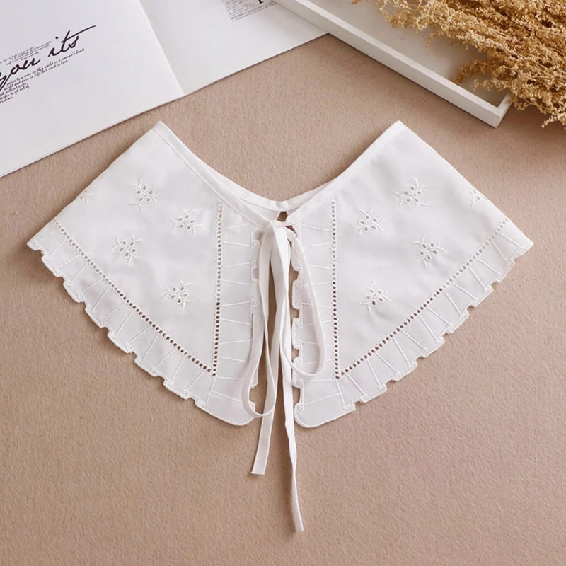 

Women Lace-Up Bowknot False Fake Collar Hollow Out Jacquard Petal Big Shawl Wrap Decorative Necklace Cotton Short Poncho Capelet