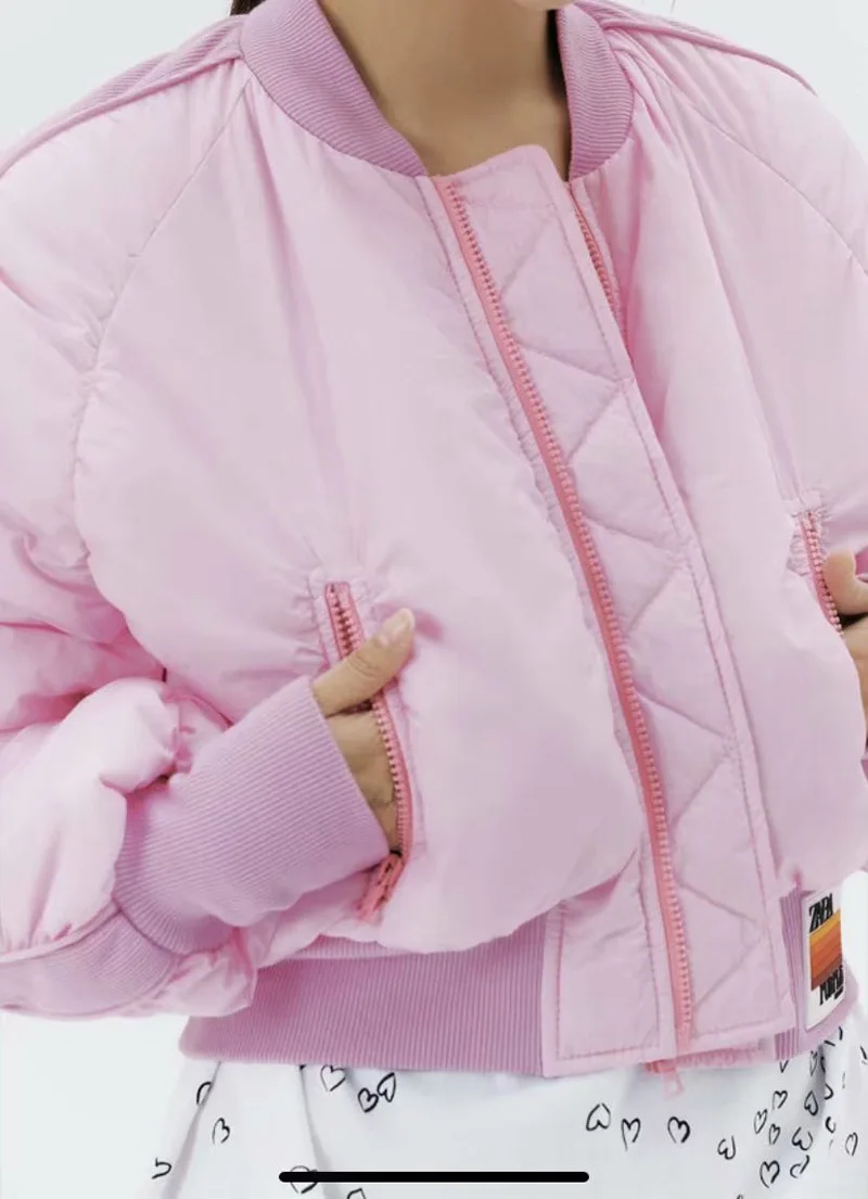 2021 Winter Bomber Jacket BF Casual Short Parkas Long-sleeve Pink Black Pleated Fashion High Street Puffer Jacket Women Coat