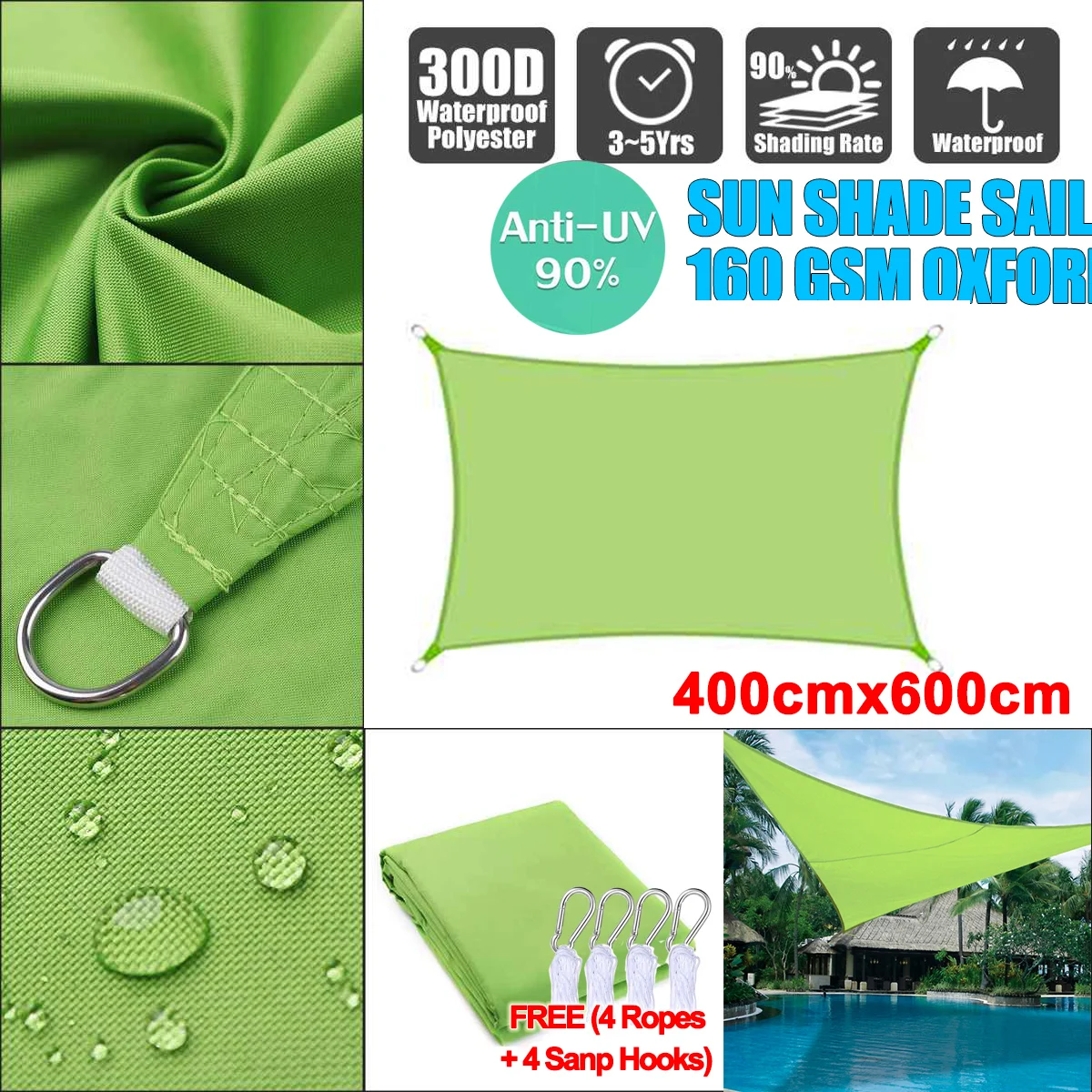 

4x6M 300D Oxford rectangular sun Visor sunshade sail pool cover UV protection sun awning outdoor waterproof canvas