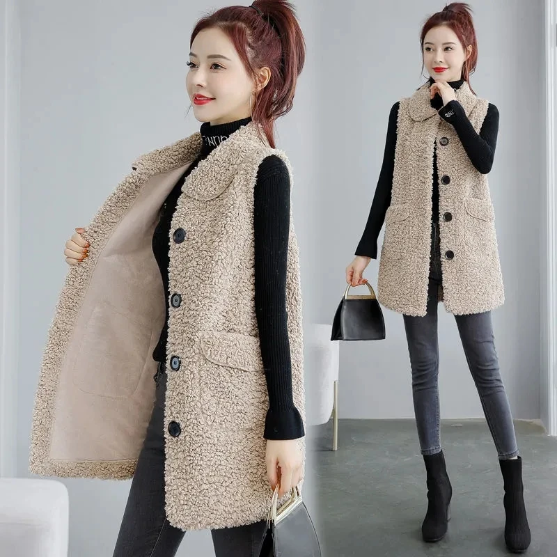 

Autumn Winter Lamb Wool Vest Women Coat Solid Loose Sleeveless Waistcoat Jacket Ladies Beige Gilet Femme Warm Casual Chaleco