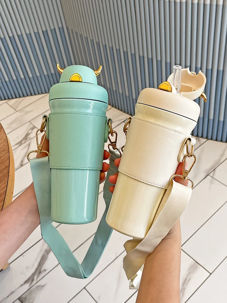 

Large capacity thermos cup with straw cute girl student children portable water cup high color 304 stainless steel cup