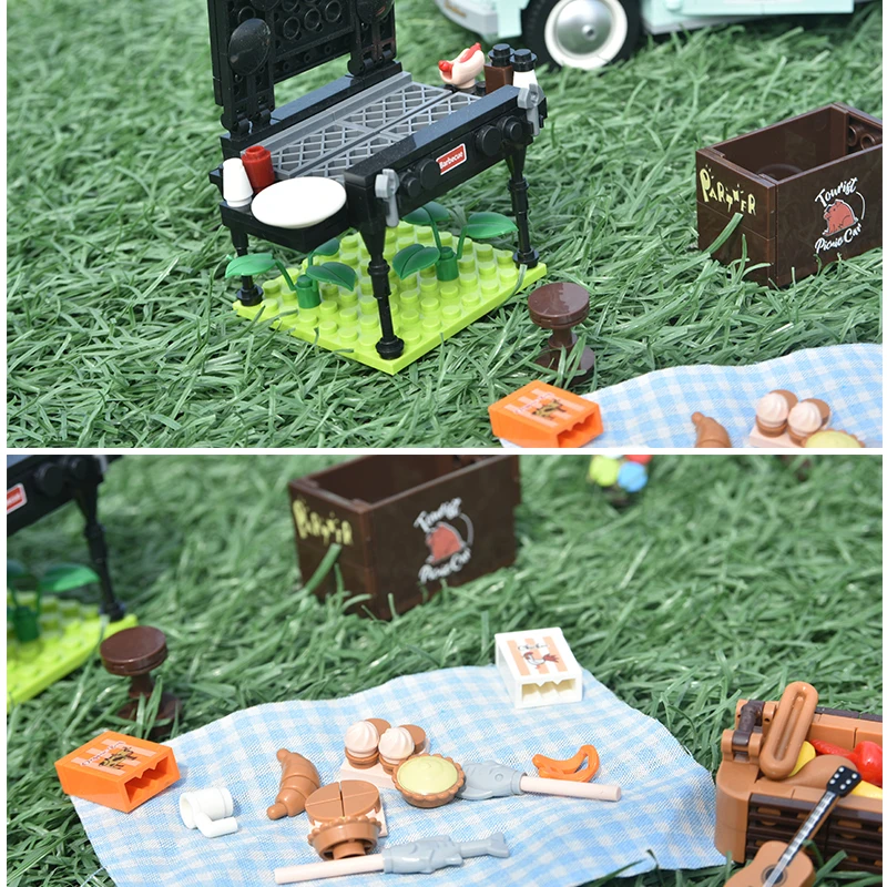 

Children's Educational Bricks Toys Moc Assembly Ideal Tourist Picnic Car Trailer Tractor Diy Building Block Set Transport Gifts