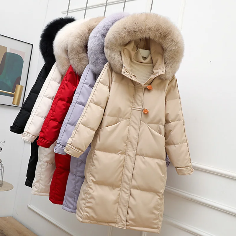 

Fitaylor Winter Natural Fox Fur Hooded Long Down Coat Women 90% White Duck Down Jacket Puffer Parkas Warm Snow Overcoat