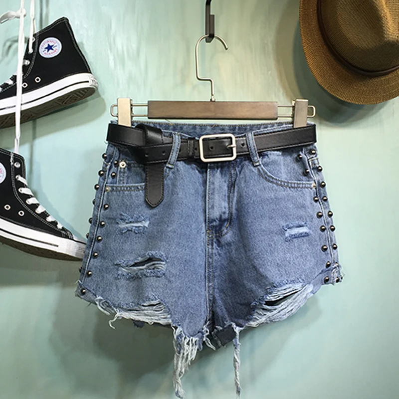 Асимметричные тяжелые Промышленные джинсовые шорты с заклепками женские летние