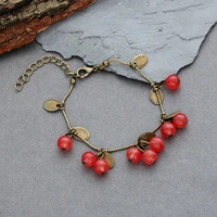 fashion vintage fruit cherry bracelet retro red cherry charm bracelets for women tree leaves jewelry dropshipping pulseira 2021