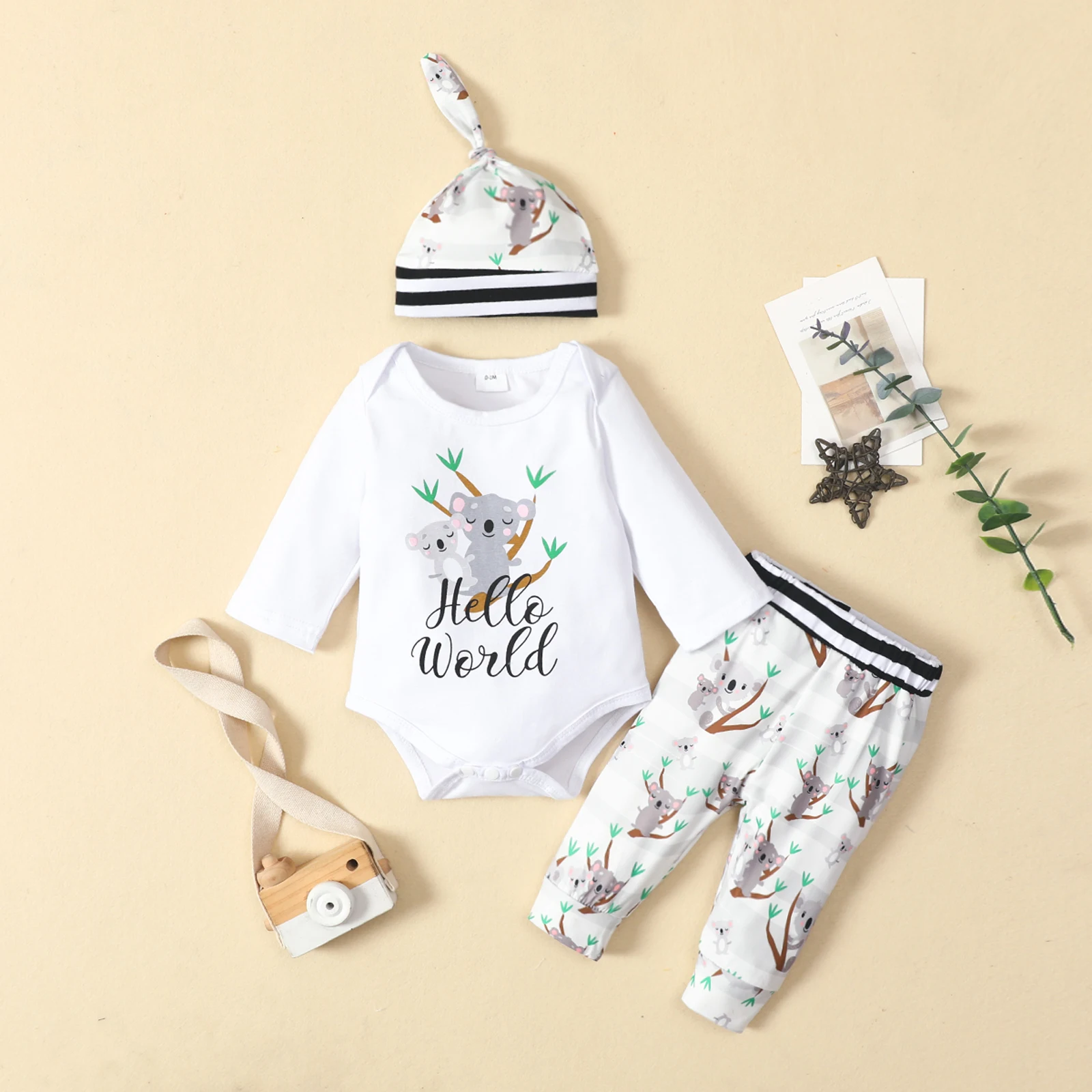 

3Pcs Baby's Sets Letter Long Sleeve Romper Cartoon Printed Striped Pants Hat Toddler Girls Boys Spring Fall Clothing 0-12 Months
