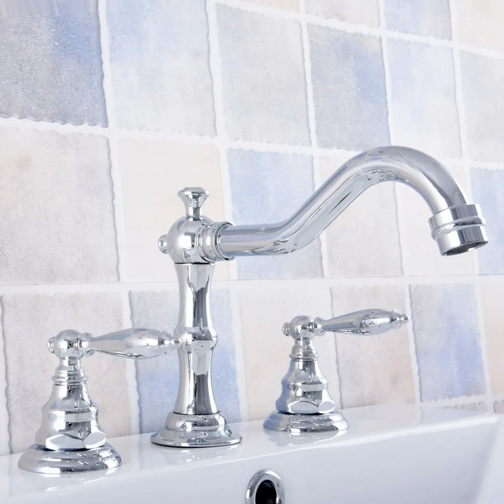 

Silver Polished Chrome Brass Deck Mounted Bathroom Basin Faucet Widespread Vanity Sink Mixer Tap Three Holes/Two Handles anf531