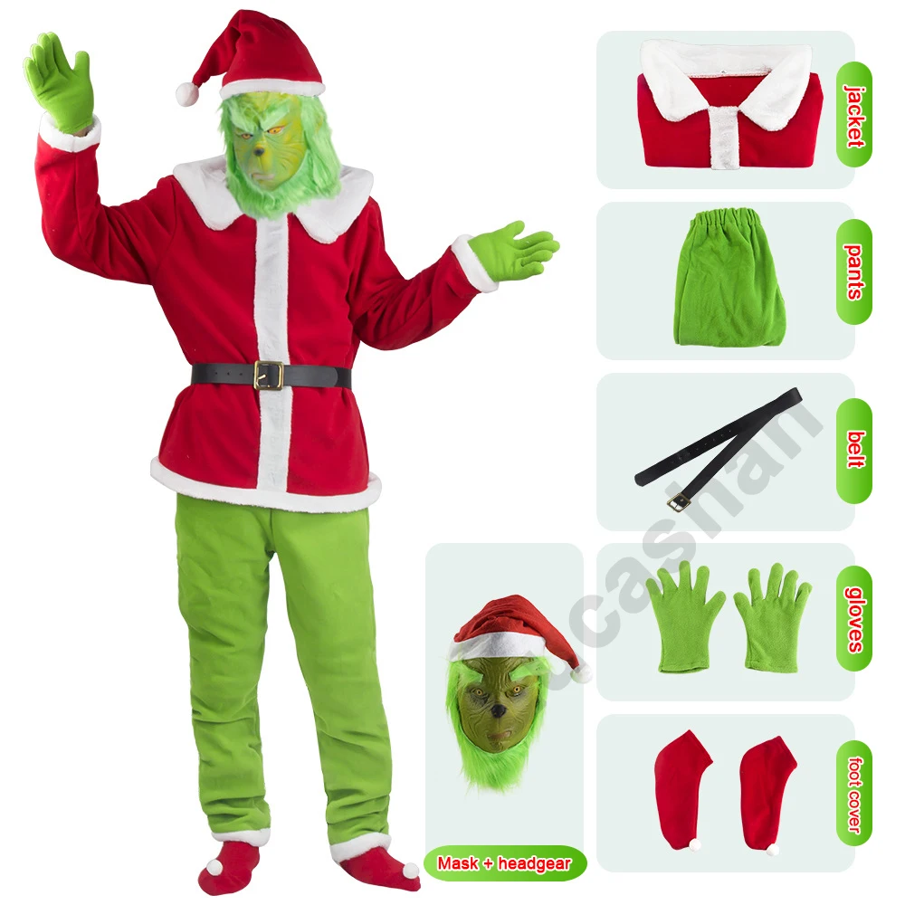 Grinch Costume Grinch Christmas Cosplay Costumes Adults Halloween Santa Claus Outfit  Woman Man Clothes Set Carnival Stage Costu images - 6