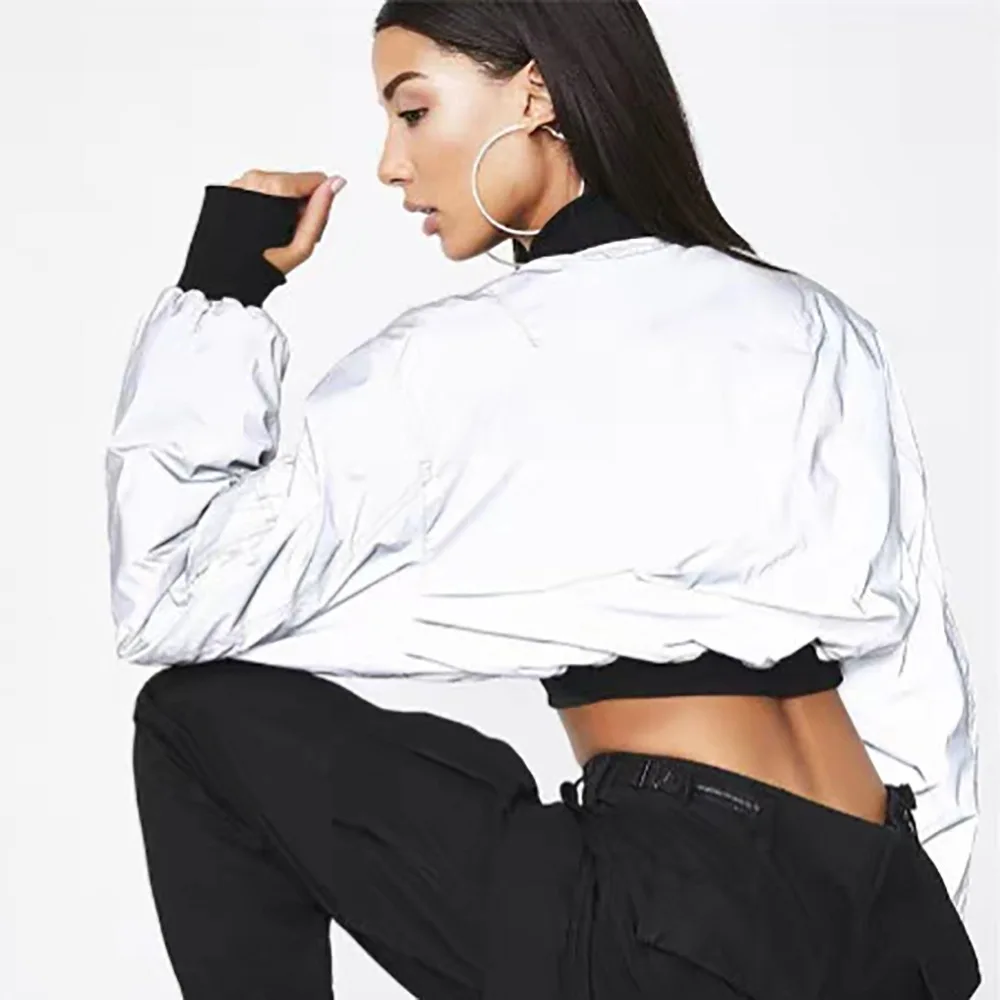 2019 Осенняя Женская Сексуальная Светоотражающая серебристый на молнии стеганая с