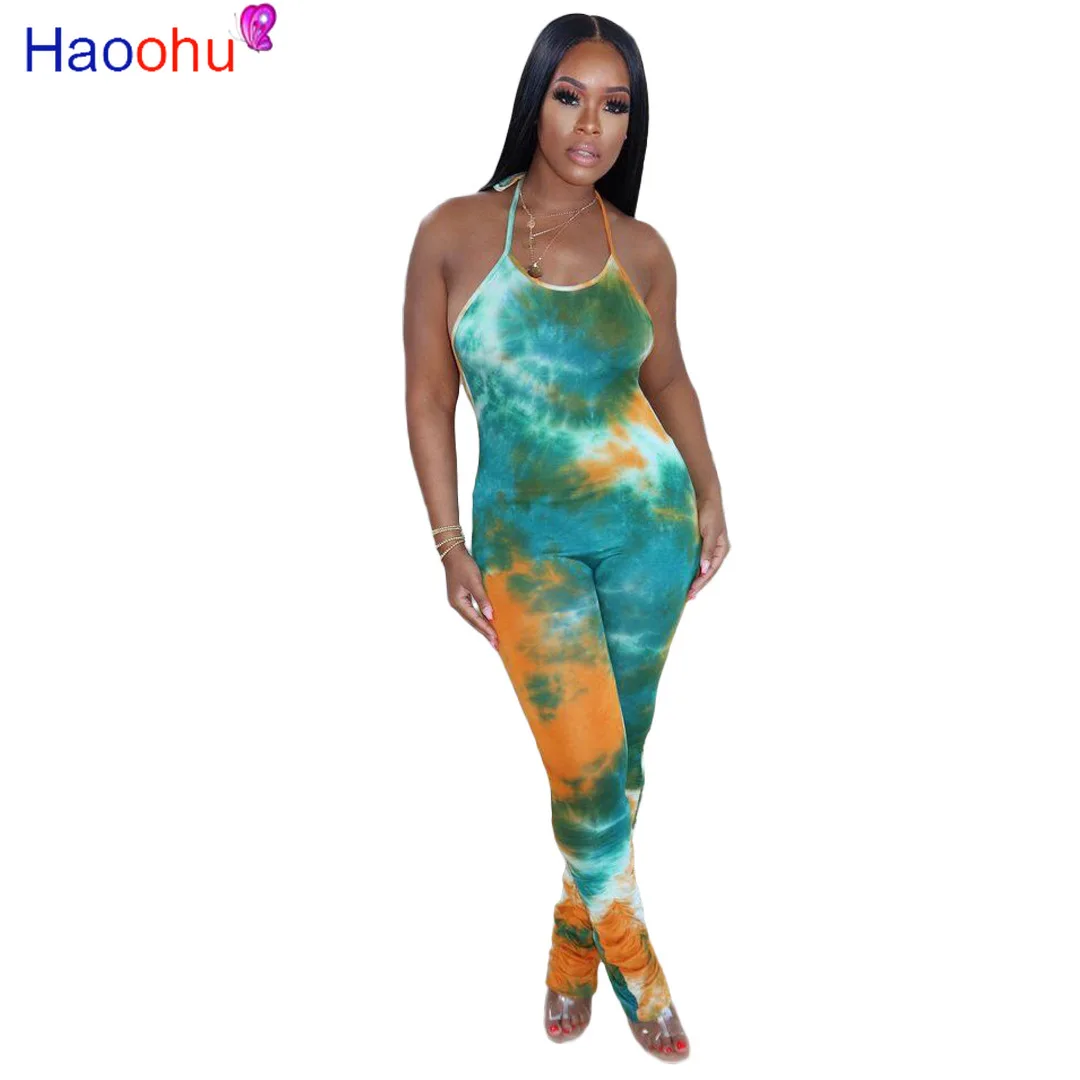 

HAOOHU Women Tie Dye Halter Neck Sleeveless Open Back Stacked Jumpsuit Sexy Party Club Night One Piece Overall Romper Playsuit