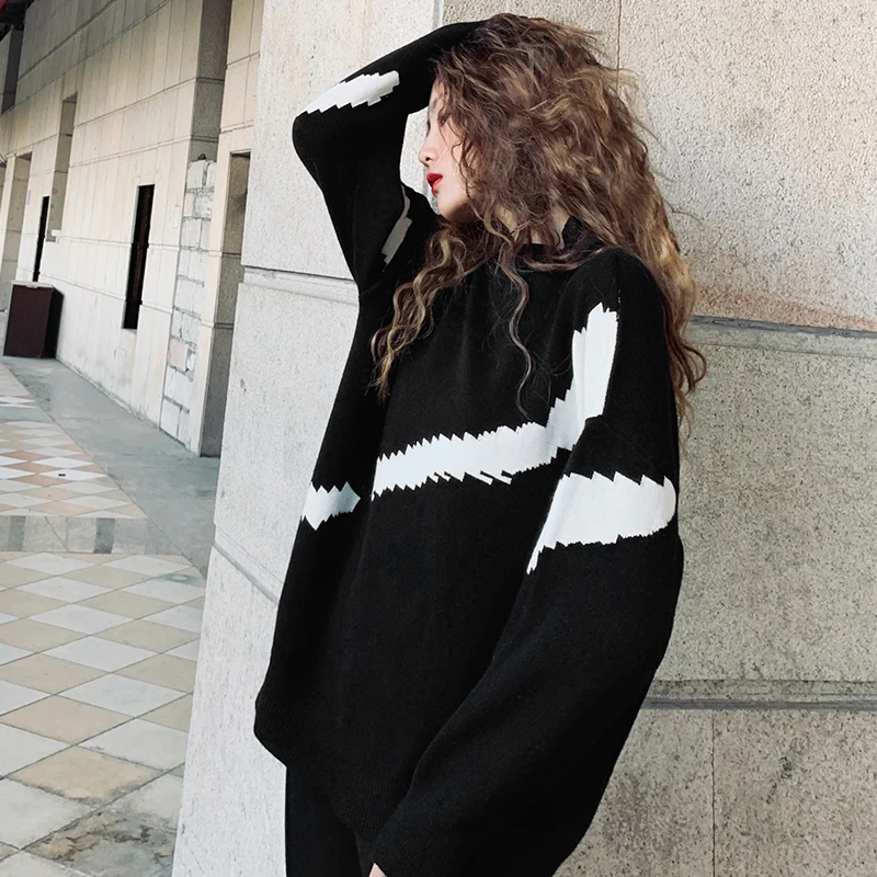 LANMREM/Новинка 2019 года сезон осень-зима модный цвет Черный свободный толстый свитер