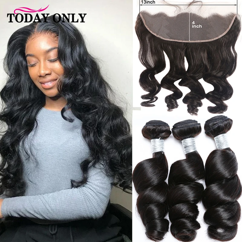 

Brazilian Hair Weave Bundles With Frontal Loose Wave Bundles With Frontal 13x4 Ear To Ear Closure 100% Human Hair Remy