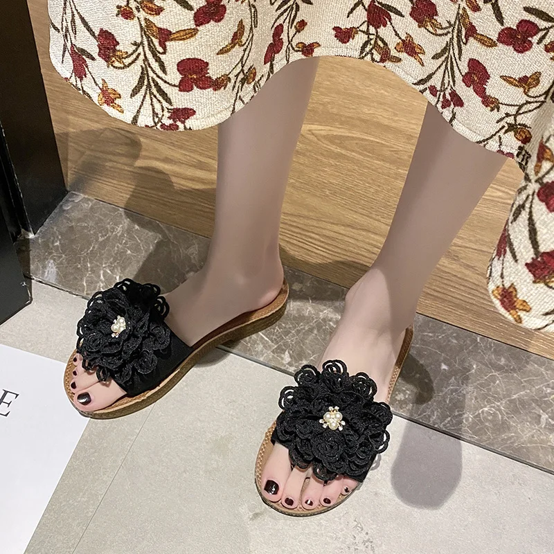 

Shoes Low Slippers Flat Luxury Slides Summer Clogs Woman Pantofle Flower Designer Beach 2021 Basic Floral PU Fashion Cotton