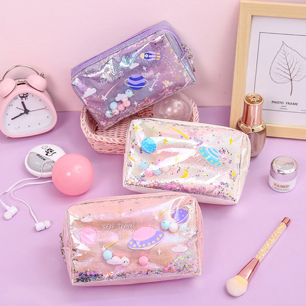 1 шт., Kawaii, лазерная ручка для хранения зыбучих песков, большая косметичка для девочек, Подарочная полиуретановая сумка для офиса, школы, путешествий, чехол для переноски