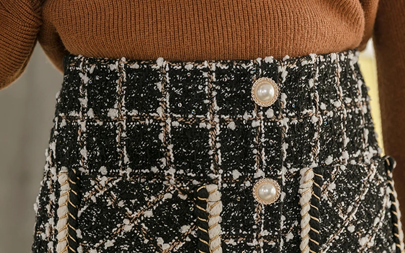 

Tweed Skirts Women Autumn Winter Button Mini Pencil Skirts Plaid Wool Skirts Korean High Waist Elegant Tweed Skirt Lady W402