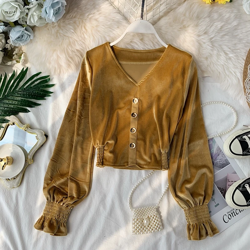 Женская бархатная рубашка с длинным рукавом однотонная винтажная Укороченная V