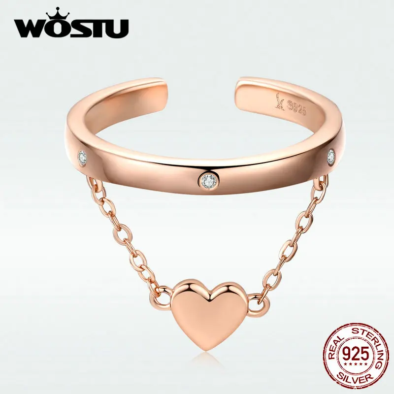 WOSTU 925 Sterling Silver Ring Heart Chain Wedding Rose Gold Adjustable Stackable Finger For Women Lover Luxury Jewelry DXR572 | Украшения
