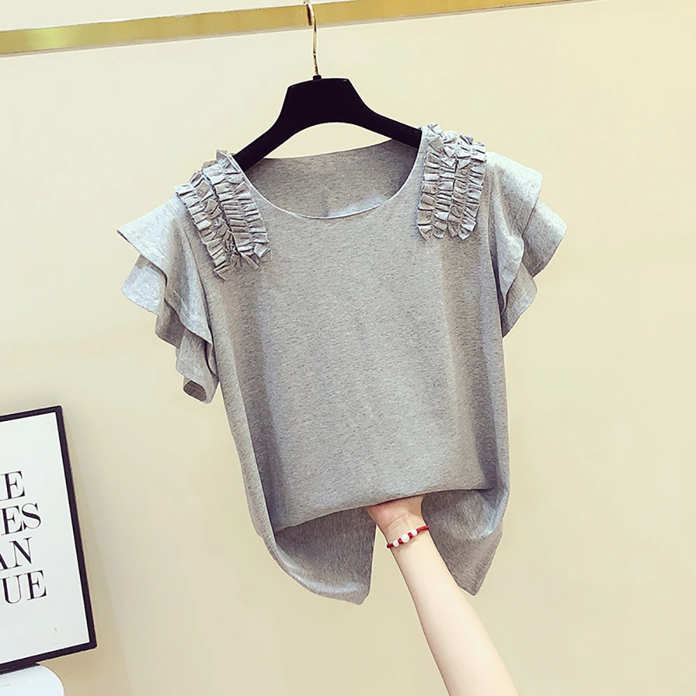

Fashion Ruffles Sleeve Cotton Short Sleeve T Shirt Woman Appliques Elegant Baggy Loose S-XL Tops Summer Clothes For Women