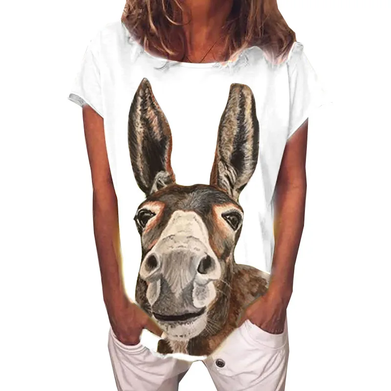 Cartoon Donkey Head Print T Shirts Womens White T-Shirt Summer Tops Vintage Casual Fashion O Neck Short Sleeve Loose Tee Camisas | Женская