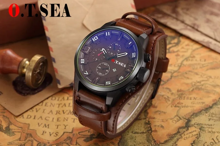 

2021 Hot Sales O.T.SEA Brand Leather Watch Men Military Sports Quartz Wristwatch With Date Relogio Masculino 1032B
