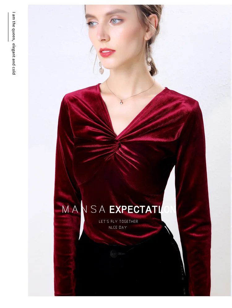 Сексуальный крест-накрест v-образным вырезом бархатные женские Blusas осень зима сексуальные велюровые рубашки Blusas Тонкий Топ Блузка Femme футболки со складками
