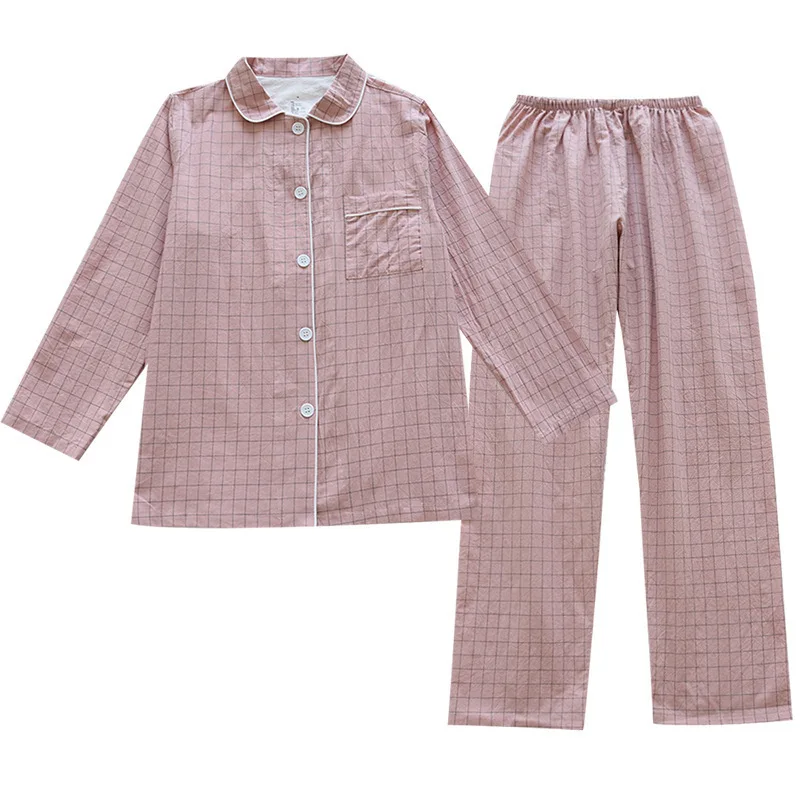 2Pcs/set Women's Pajamas Clothes Men Woven Home Wear Pajamas Suit Autumn Summer Plaid Print Couple Sleepwear Trousers & Tops