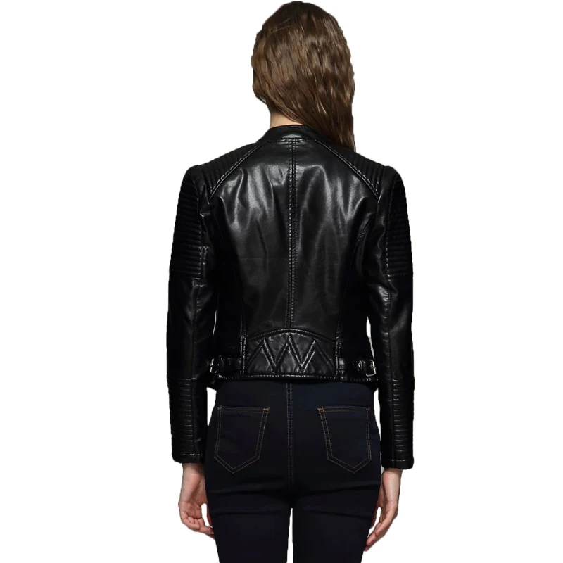 Куртка женская из искусственной кожи на молнии в байкерском стиле|black faux leather