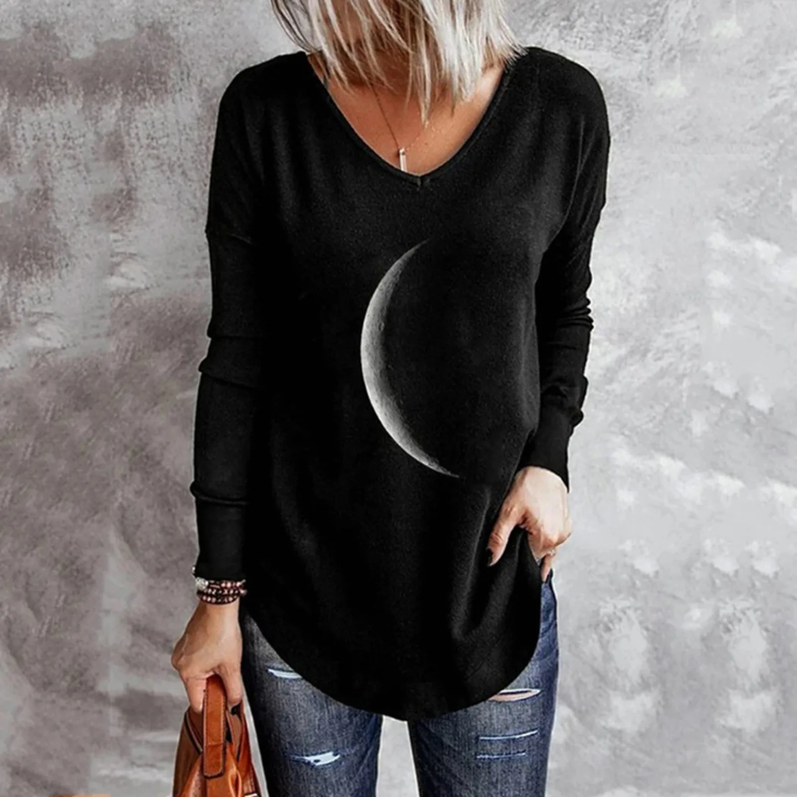 

Womens Long Sleeve Round Neck Sweatshirts Loose Top Shirt Top Fashion Round Neck Loosemoon Print Roupas Femininas