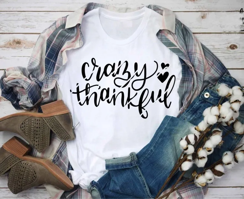 

Women Crazy Thankful Graphics Cotton Aesthetic Crew Neck Soft Casual Ladies Tee Top Short Sleeve White T-Shirt