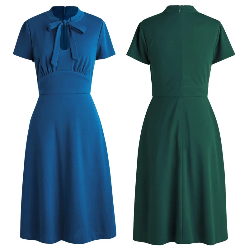 

XL 2022 Women Casual Dress Retro Vintage Solid Party Sundress 50s 60s Red Green Black Blue A Line Swing Tunic Midi Dresses