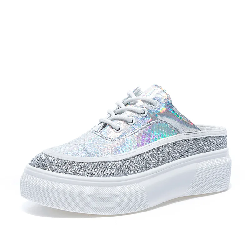 

Female Shoes Loafers Slippers Soft Cover Toe Med Platform Slides 2021 Comfort Summer Casual Basic Hoof Heels PU Fabric Bling