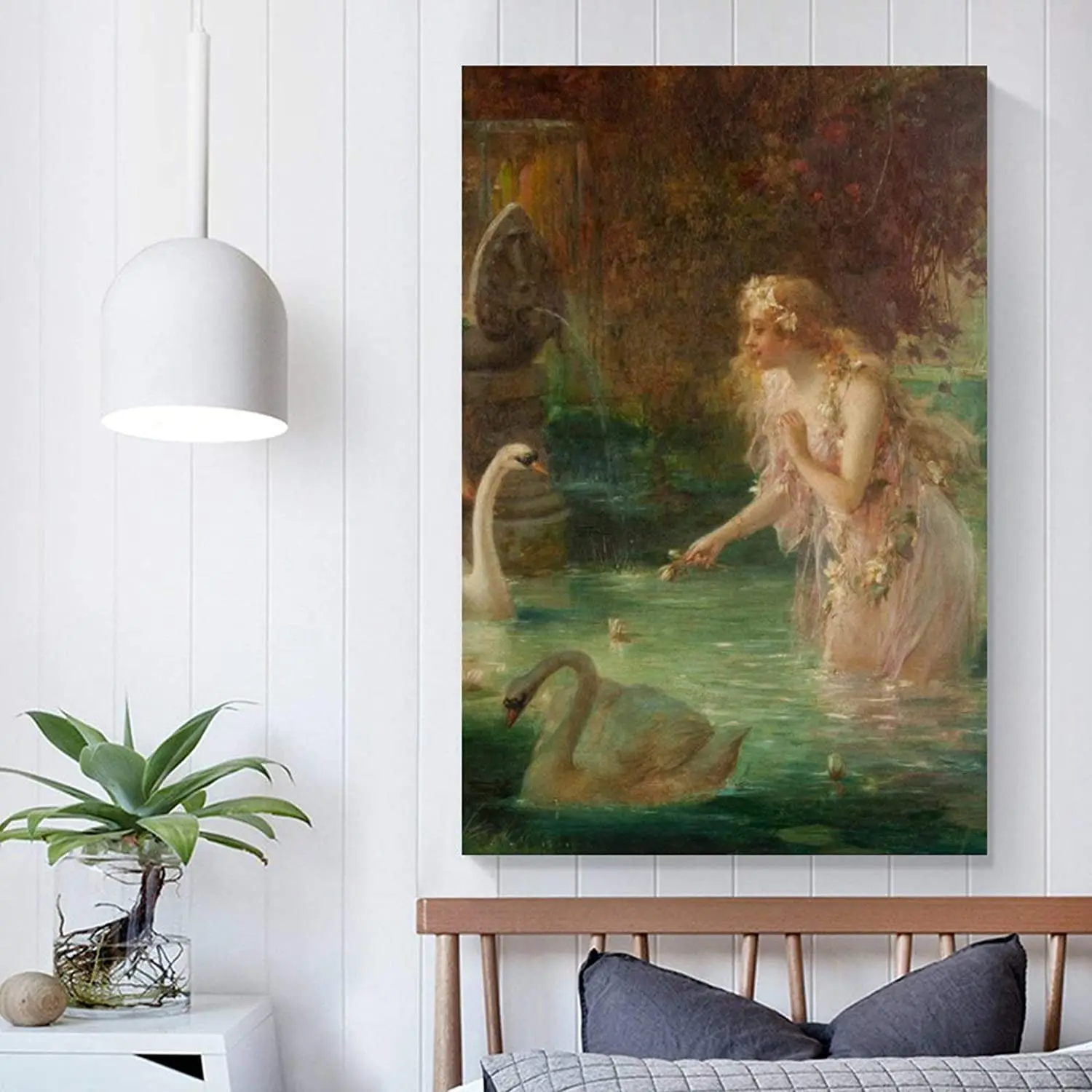 

Beautiful Woman and White Goose Swan Lake Hans Zatzka Vintage Character Art Oil Painting Canvas Print