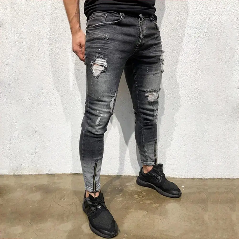 

Men Jeans Mid Rise Skinny Fashion Ripped Holes Zipper Pencil Pants Trousers for Daily Wear Fashion Clothing