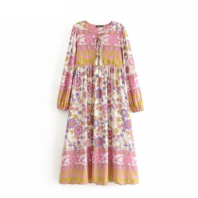 Boho королев для женщин с цветочным принтом Длинные Рукава Кисточкой оборками