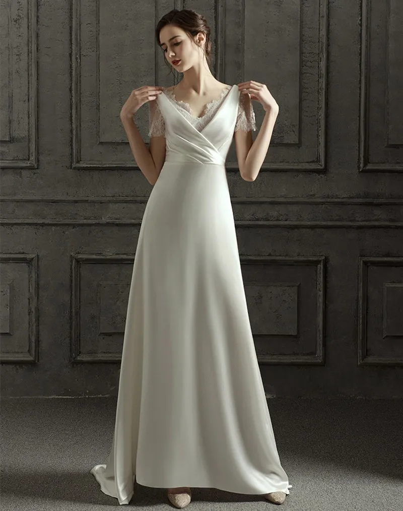 Винтажное атласное кружевное свадебное платье с коротким рукавом и v образным