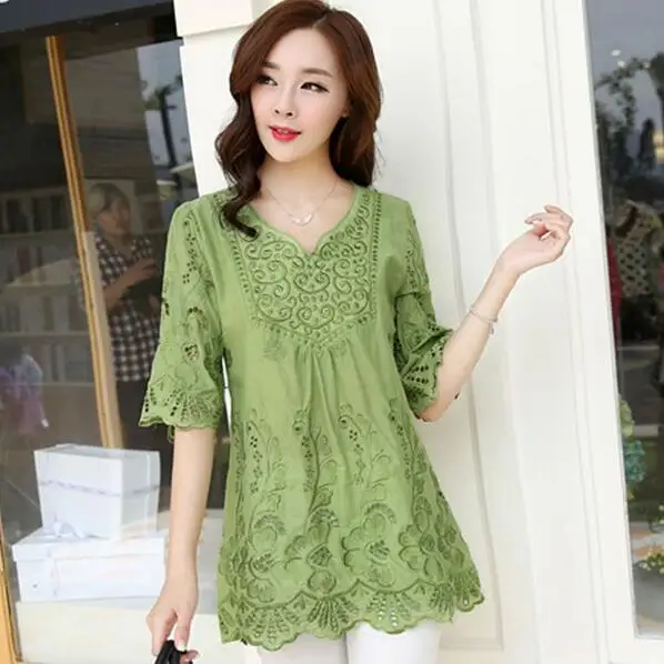 2020 осень лето Вышивка большой размер Свободная рубашка крюк цветы полые Половина