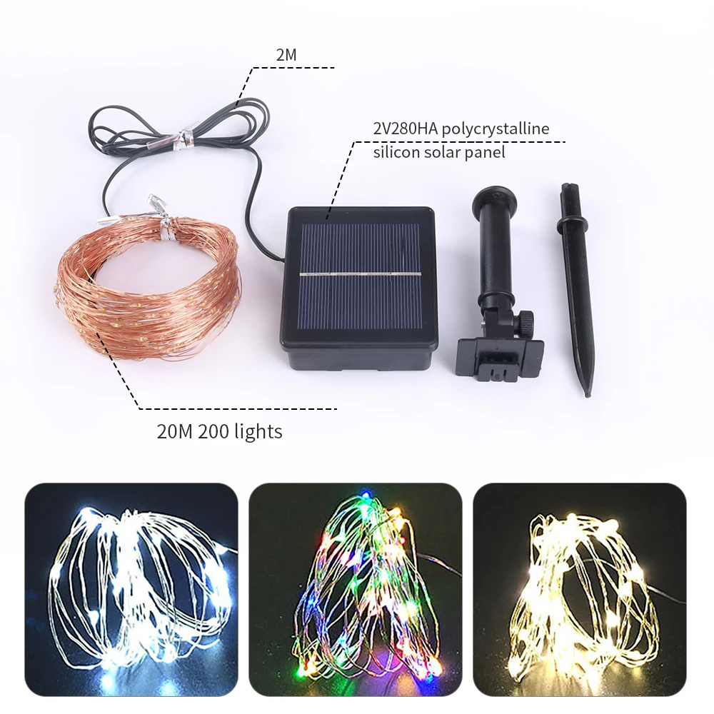 200LED Солнечный струнный светильник s 20 м водонепроницаемый медный провод Фея